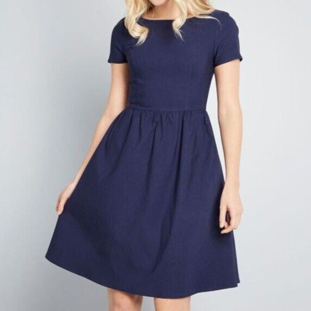 Modcloth Dress Vintage Inspired Retro Navy Blue A Line Stretch Size M
